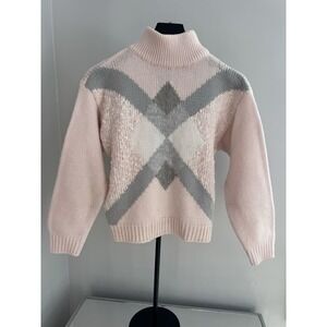 Spice of Life Pink Gray Argyle Mock Neck Sweater Womens M Cozy Grandma Vtg